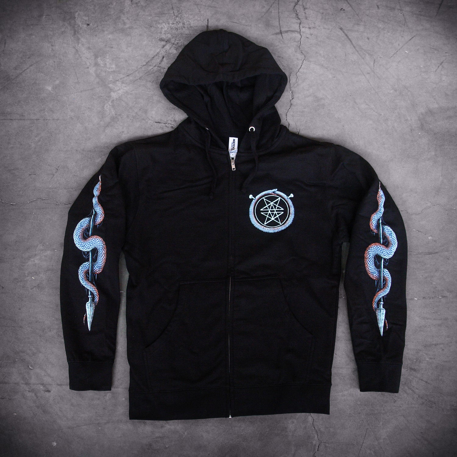image of the front of a black zip up hoodie laid on a concrete floor. hoodie has blue prints of snakes on each sleeve and a small print on the right chest of a snake wrapped around a pentagram.