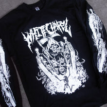 Load image into Gallery viewer, close up image of a black long sleeve tee shirt laid on a concrete floor. front has full body print in white of a grim reaper looking over a skeleton. at the top says whitechapel. each sleeve has prints of skeletons in coffins
