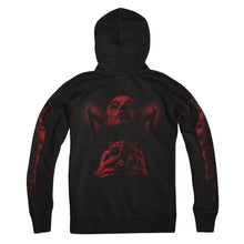 Load image into Gallery viewer,  Image of the back of a black hoodie against a white background. There is a red graphic of a person&#39;s face with their eyes closed, head up. They have blood on them and are clutching a skull.  The sleeves feature red graphics that are abstract and drip blood.
