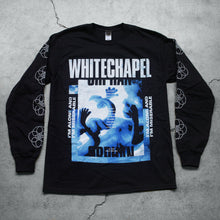 Load image into Gallery viewer,  Image of a black long sleeve against a grey concrete background. Across the chest in white distressed text reads &quot;whitechapel&quot;. below this is a white and blue square with what looks like a growing fetus floating. The sides of the square in white text read &quot;I&#39;m alone and I&#39;m miserable&quot;. There are small white words across the graphic of the fetus with words to a whitechapel song. The sleeves feature a white circle abstract design with lines and two stars in the center making a double pentagram.
