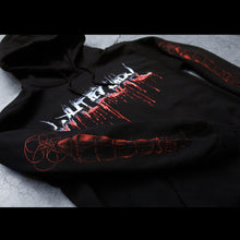 Load image into Gallery viewer, close up Image of the front of a black hoodie against a concrete grey background. Across the chest in a blue to white to red gradient color reads &quot;whitechapel&quot;. This is in a heavy metal font and the red is dripping.  The sleeves feature red graphics that are abstract and drip blood.
