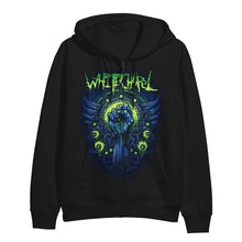 Load image into Gallery viewer, image of a black zip up hoodie on a white background. full body print says whitechapel at the top and then a fist in the center with eyeballs around it.
