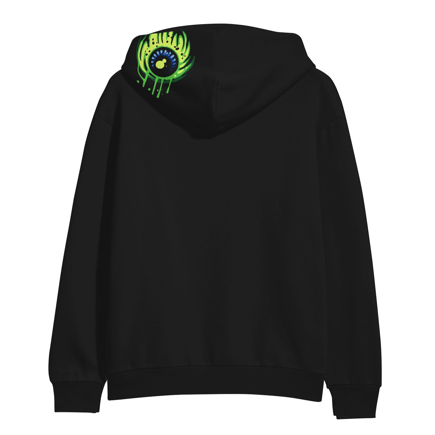 image of the back of a black hoodie. left print on the hood of an eye ball