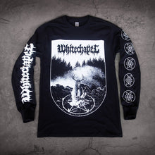 Load image into Gallery viewer, image of a black long sleeve tee shirt laid on a concrete floor. front of shirt has full body print in white that says whitechapel at the top over a scene of a ritual in the woods with a pentagram. left sleeve says whitechapel and right sleeve has five pentagrams
