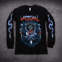 Load image into Gallery viewer, image of a black long sleeve tee shirt laid on a concrete. tee has full body print of an altar with an angel laying across, above a serpent head. at the top says whitechapel. each sleeve has a print of a serpentine wrapped around an arrow
