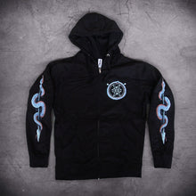 Load image into Gallery viewer, image of the front of a black zip up hoodie laid on a concrete floor. hoodie has blue prints of snakes on each sleeve and a small print on the right chest of a snake wrapped around a pentagram.

