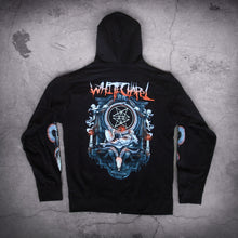 Load image into Gallery viewer, image of the back of a black zip up hoodie laid on a concrete floor. full back print of an altar with a woman laying in front of a goat skull. at the top across the shoulders says whitechapel.
