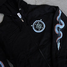Load image into Gallery viewer, close up image of Serpentine Altar Black Zip-Up right chest and sleeve print
