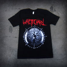 Load image into Gallery viewer, image of a black tee shirt laid flat on a concrete floor. front of tee has full body print of a black and white image of a brain. at the top, in red says whitechapel

