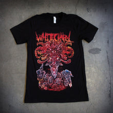 Load image into Gallery viewer, image of a black tee shirt. tee has full color body print of a demon medusa like head. at the top says whitechapel
