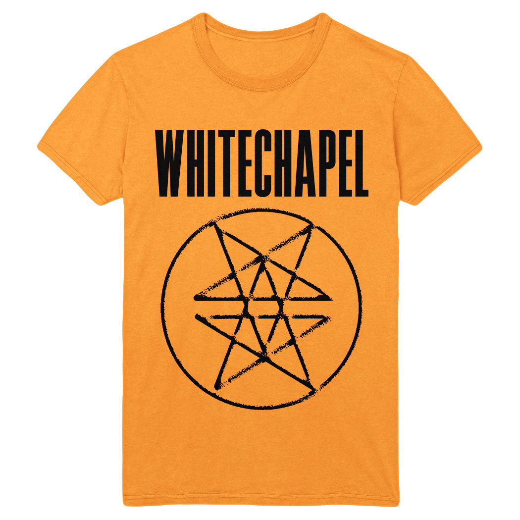 image of a burnt orange tee shirt on a white background. tee has full body print in black of a double pentagram. at the top, across the chest says whitechapel