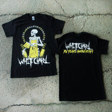 Load image into Gallery viewer, Image of the front and back of a black tshirt against a grey concrete background. The front of the shirt has a yellow skeleton sitting down with its head facing to the left, wearing a yellow apron and holding a yellow knife. Two other knifes are on each side of the skeleton. Below this in white heavy metal style font reads &quot;whitechapel&quot;. The back of the shirt across the shoulder in white heavy metal style font says whitechapel. below that in the same font, in yellow, reads &quot;xv years anniversary&quot;.
