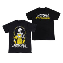 Load image into Gallery viewer, Image of the front and back of a black tshirt against a white background. The front of the shirt has a yellow skeleton sitting down with its head facing to the left, wearing a yellow apron and holding a yellow knife. Two other knifes are on each side of the skeleton. Below this in white heavy metal style font reads &quot;whitechapel&quot;. The back of the shirt across the shoulder in white heavy metal style font says whitechapel. below that in the same font, in yellow, reads &quot;xv years anniversary&quot;.
