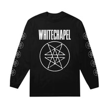 Load image into Gallery viewer, Image of the front of a black longsleeve against a white background. Across the chest in big white letters says &quot;whitechapel&quot;. Below that is what is what is called a large double pentagram-  it is a white circle with two stars mirroring each other on the inside of the circle. Both sleeves also have double pentagrams going down the sleeves from the top to the bottom.

