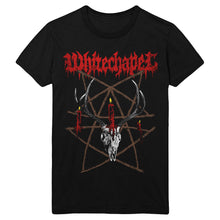 Load image into Gallery viewer,  image of a black tee shirt on a white background. front of tee has full body print. at the top in red says whitechapel. below is a deer skull with a burning candle and a pentagram made out of sticks.
