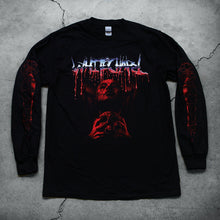 Load image into Gallery viewer, Image of the front of a black longsleeve shirt against a concrete grey background. Across the chest in a blue to white to red gradient color reads &quot;whitechapel&quot;. This is in a heavy metal font and the red is dripping. Below this is a red graphic of a person&#39;s face with their eyes closed, head up. They have blood on them and are clutching a skull. The sleeves feature red graphics that are abstract and drip blood.
