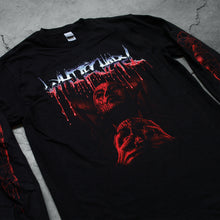 Load image into Gallery viewer, close up Image of the front of a black longsleeve shirt against a concrete grey background. Across the chest in a blue to white to red gradient color reads &quot;whitechapel&quot;. This is in a heavy metal font and the red is dripping. Below this is a red graphic of a person&#39;s face with their eyes closed, head up. They have blood on them and are clutching a skull. The sleeves feature red graphics that are abstract and drip blood.
