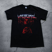 Load image into Gallery viewer, Image of the front of a black tshirt against a concrete grey background. Across the chest in a blue to white to red gradient color reads &quot;whitechapel&quot;. This is in a heavy metal font and the red is dripping. Below this is a red graphic of a person&#39;s face with their eyes closed, head up. They have blood on them and are clutching a skull.
