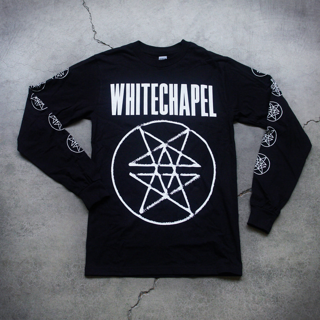 Image of the front of a black longsleeve against a grey background. Across the chest in big white letters says 