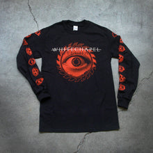 Load image into Gallery viewer, Image of the front of a black long sleeve shirt against a grey concrete background. Across the center of the shirt in white text with a white line through it reads &quot;whitechapel&quot;. there is a black shadow of this writing below it. The center of the shirt has a red sawblade with an open eye on it. The sleeves feature alternating symbols descending down the sleeves- an eye symbol and a sawblade with three black stars in the center of the sawblade. These are in red also.
