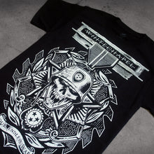 Load image into Gallery viewer, close up, angled Image of a black tshirt against a cracked concrete background. Across the top of the shirt in white text with a thin line through it reads &quot;Whitechapel&quot;. There is a white/grey rectangle surrounding it. Below is a black and white sawblade. In the center of it is a skull&#39;s face wearing a military helmet with a sawblade icon in the center of the helmet. Below is another graphic of a sawblade with stars, and a banner reads &quot;our endless war&quot;.
