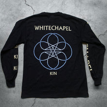 Load image into Gallery viewer, Image of the back of a black longsleeve against a grey concrete background. The left sleeve says &quot;Kin&quot; on it 5 times in white text. the right says &quot;whitechapel&quot;, just once, in white text. The back of the longsleeve reads &quot;whitechapel&quot; across the shoulders in white text. Below this is an abstract thin lined pattern in white and blue. It loosk like a circle with lines and stars in the center. Below this in white text reads &quot;kin&quot;.
