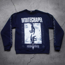 Load image into Gallery viewer,  Image of a black crewneck against a grey concrete background. Across the chest in white distressed text reads &quot;whitechapel&quot;. below this is a white square with two hands reaching to touch each other from the top and bottom of the swuare. The sides of the swuare in white outline text reads forever lost boy. the bottom of the square in white text says forever you are mine with a white silhouette. the left sleeve says lost boy and the right sleeve says forever, both in an outlined white text.
