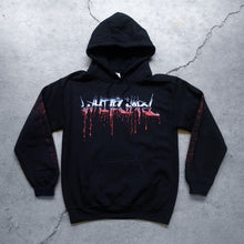 Load image into Gallery viewer, Image of the front of a black hoodie against a concrete grey background. Across the chest in a blue to white to red gradient color reads &quot;whitechapel&quot;. This is in a heavy metal font and the red is dripping.  The sleeves feature red graphics that are abstract and drip blood.
