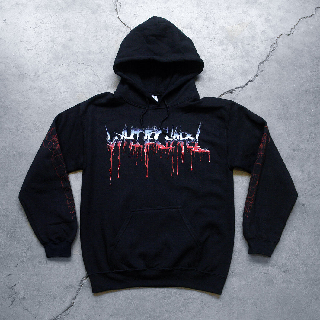 Image of the front of a black hoodie against a concrete grey background. Across the chest in a blue to white to red gradient color reads 