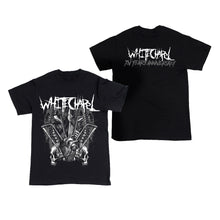 Load image into Gallery viewer, Image of the front and back of a black tshirt against a white background. The front of the shirt says &quot;whitechapel&quot; across the chest in white heavy metal style font. Below that is a white, grey, and black graphic of spines, a heart, bones, and two skeleton skulls, one facing towards the left, and the other mirrored, facing towards the right. The back of the shirt says &quot;whitechapel&quot; across the shoulders in white heavy metal style font. below that in the same font in grey reads &quot;xv years anniversary&quot;.
