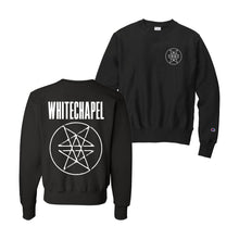 Load image into Gallery viewer, Image of the front and back of a black crewneck against a grey concrete background. The left chest has what is called a double pentagram, it is a white circle with two stars mirroring and slightly overlapping each other on the inside of the circle. The left sleeve has the champion &quot;C&quot; red white and blue logo on it. Across the shoulder area of the back of the crewneck in big white letters says &quot;whitechapel&quot;. Below that is what is a large double pentagram.

