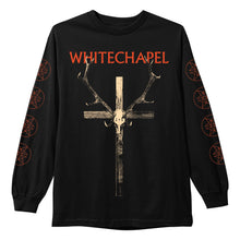 Load image into Gallery viewer, Image of a black longsleeve against a white background. Across the chest in red text reads &quot;whitechapel&quot;. Below that is a graphic of a white crosswith antlers on it, and an animal skull in the center of the cross. The sleeves feature a graphic of a red outline circle with no fill, with two red stars mirroring each other on the inside of it. This appears on the sleeves repeatedly from the top to the bottom of them.

