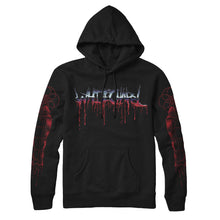 Load image into Gallery viewer, Image of the front of a black hoodie against a white background. Across the chest in a blue to white to red gradient color reads &quot;whitechapel&quot;. This is in a heavy metal font and the red is dripping.  The sleeves feature red graphics that are abstract and drip blood.
