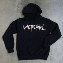 Load image into Gallery viewer, Image of the front of a black hooded sweatshirt against a grey concrete background. Across the chest in white to light orange gradient in heavy metal font reads whitechapel.
