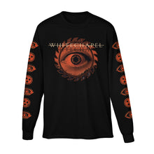 Load image into Gallery viewer, Image of the front of a black long sleeve shirt against a white background. Across the center of the shirt in white text with a white line through it reads &quot;whitechapel&quot;. there is a black shadow of this writing below it. The center of the shirt has a red sawblade with an open eye on it. The sleeves feature alternating symbols descending down the sleeves- an eye symbol and a sawblade with three black stars in the center of the sawblade. These are in red also.
